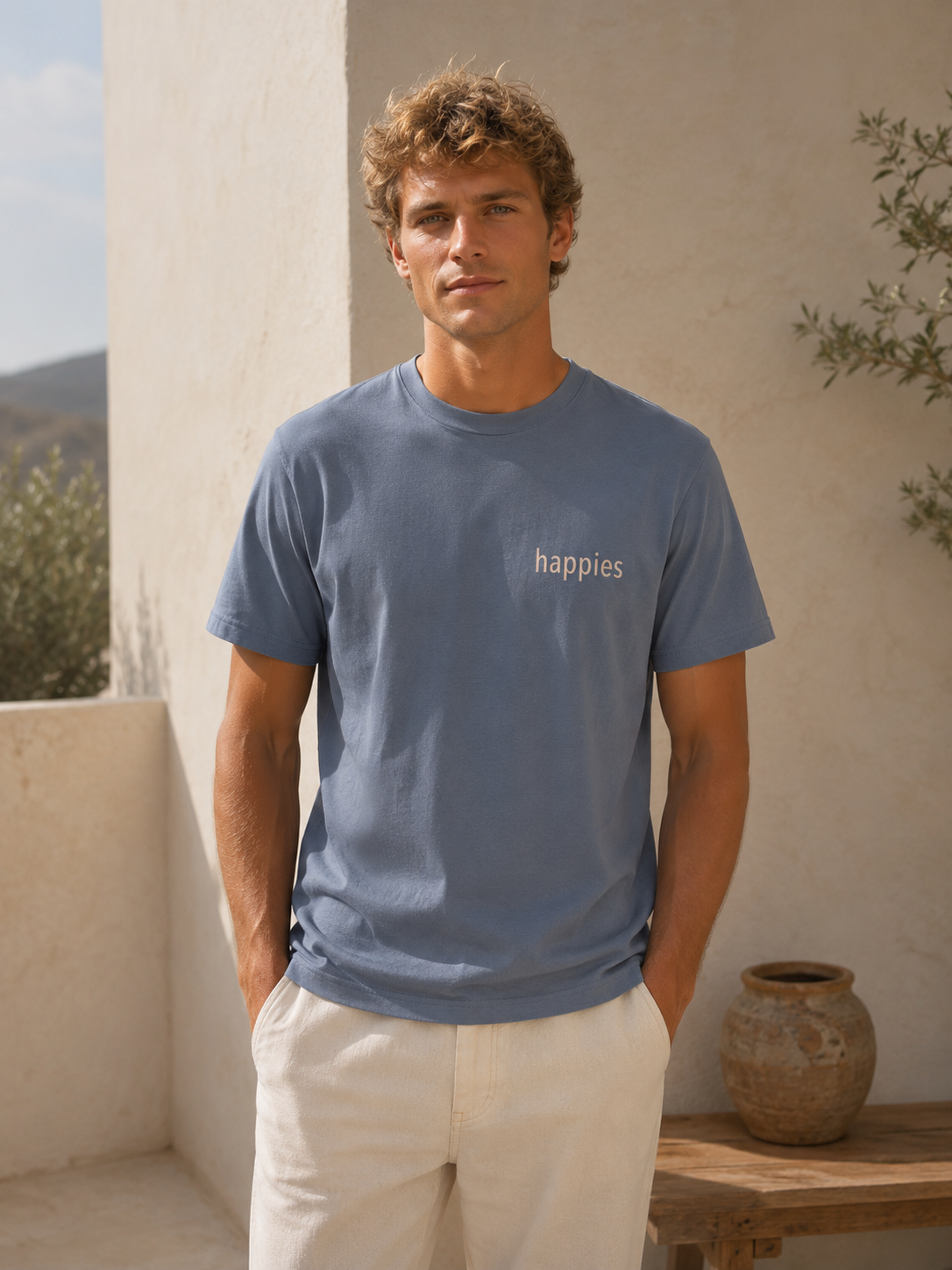 T-Shirt Χαρά — Μπλε με Μπεζ Λογότυπο